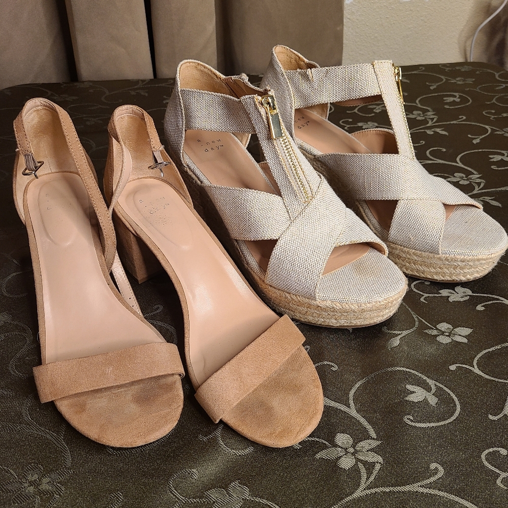 🩶 2 pair Stylish Beige wedge heels and Tan Heeled Sandals, size 11